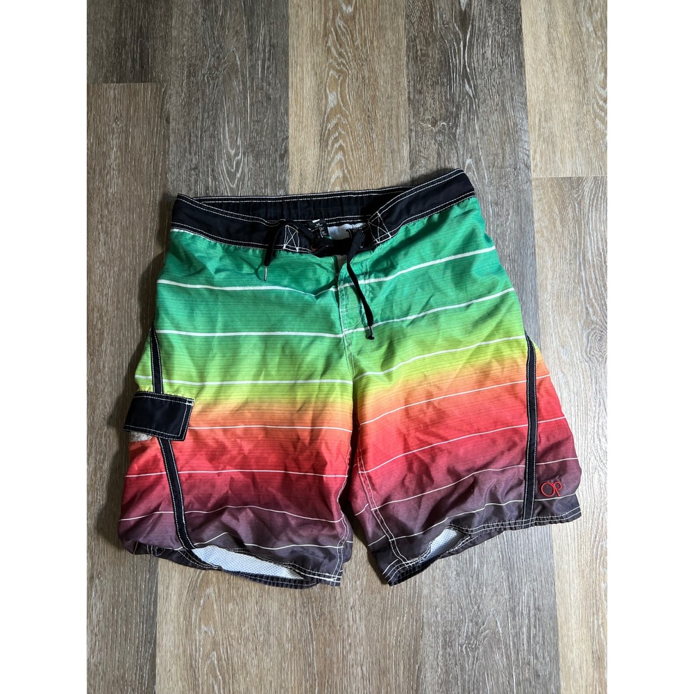 OP Board Shorts Mens Medium Multi Color Excellent Rainbow Stripe Swim Trunks